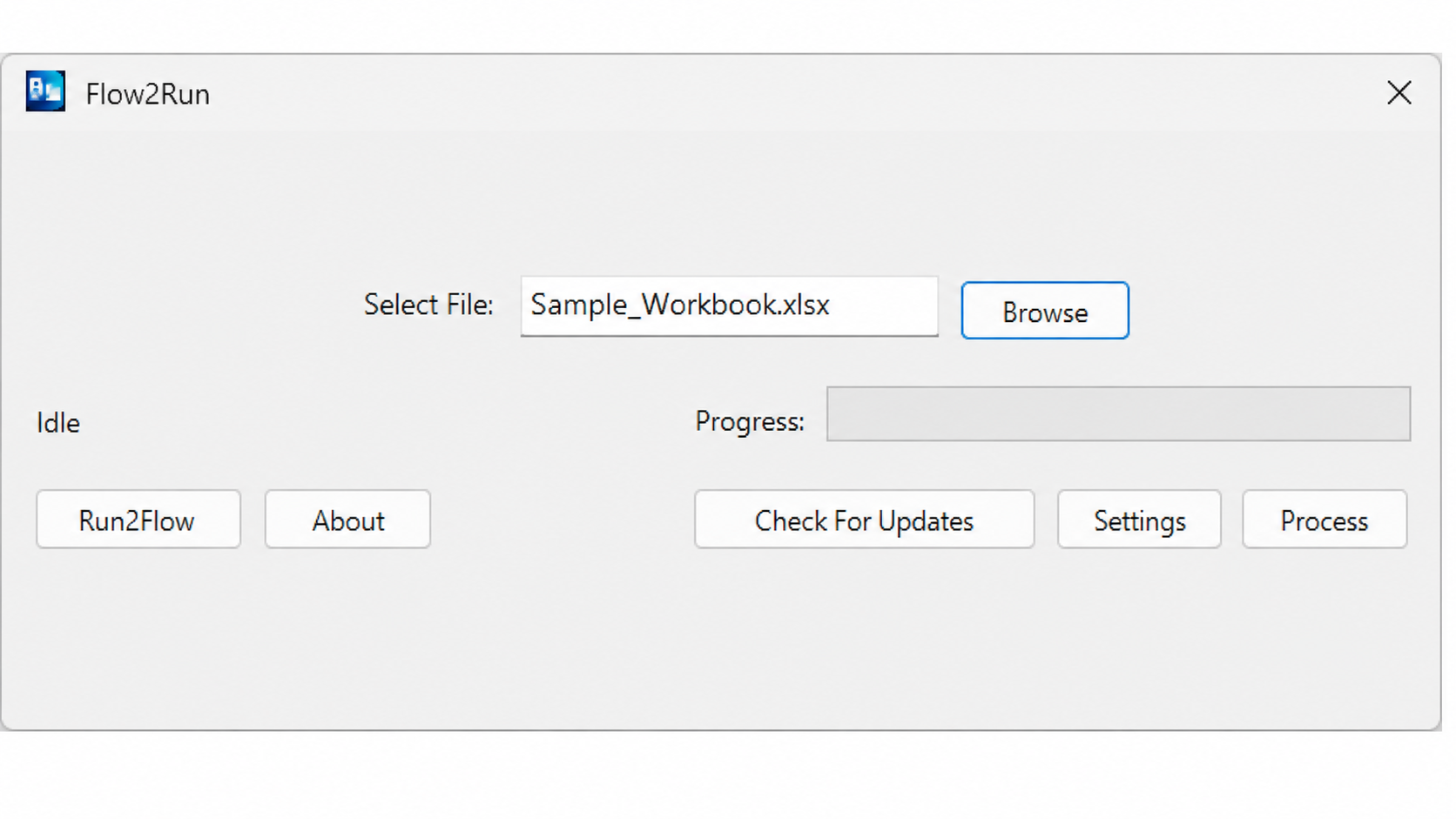 Flow2Run desktop app opened with a selected workbook and ready to process