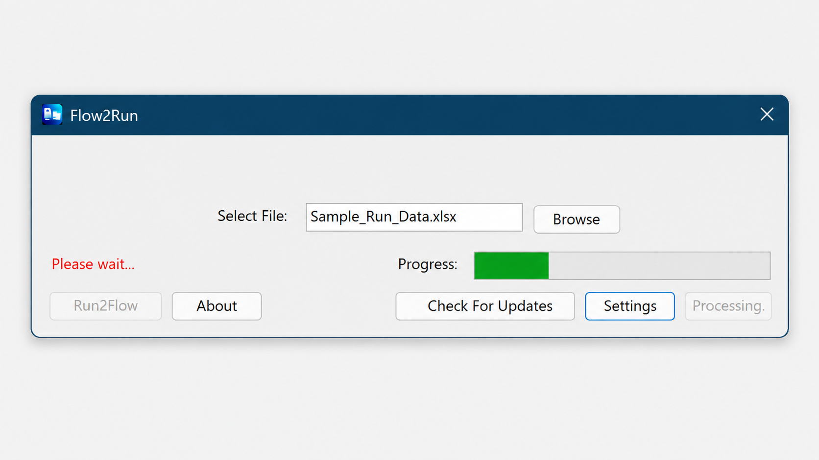 Flow2Run desktop app processing an Excel flowchart with progress bar