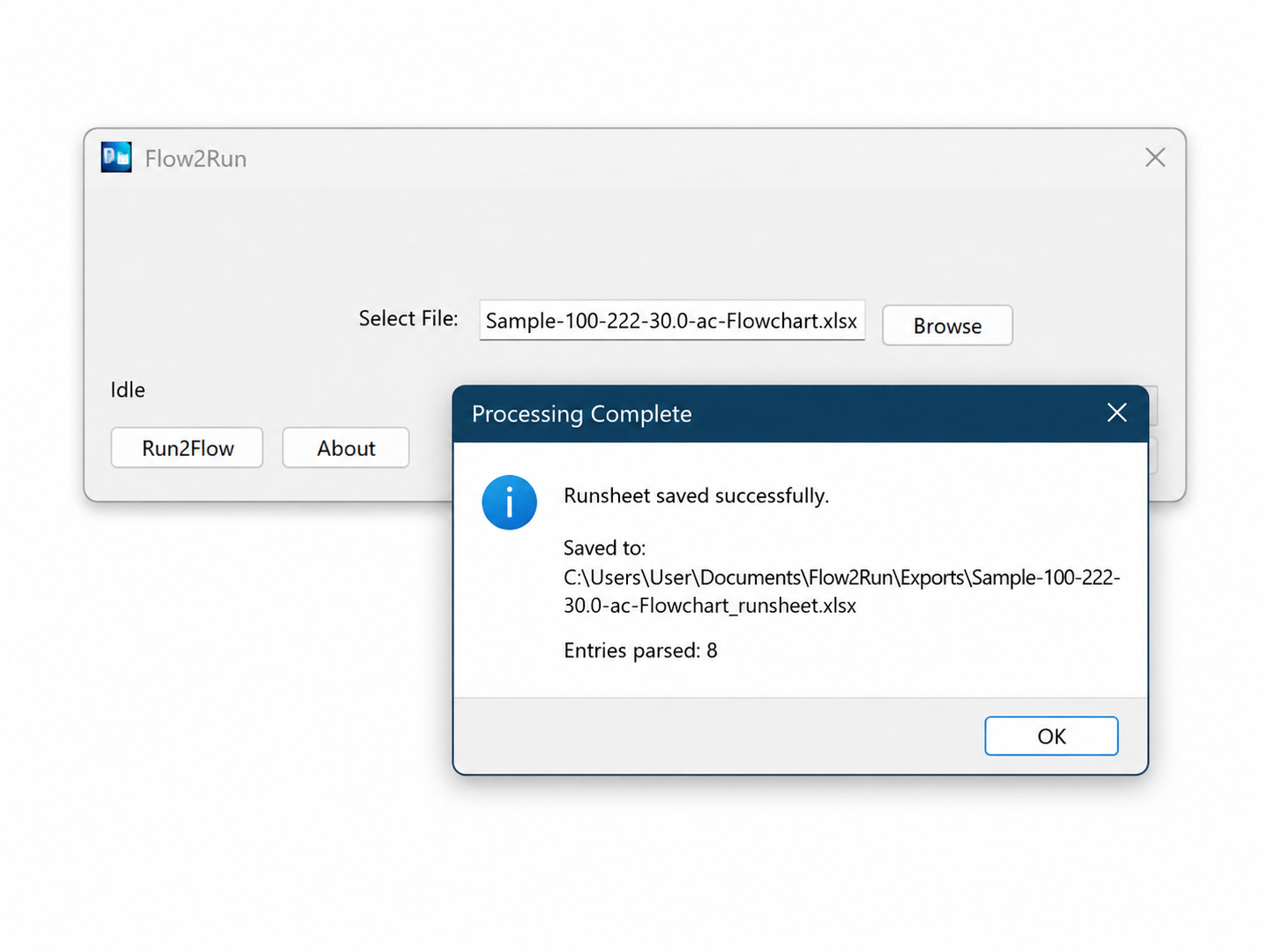 Flow2Run processing complete message showing saved runsheet path