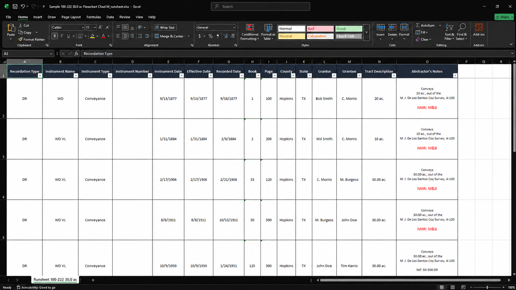 Generated Flow2Run runsheet opened in Microsoft Excel
